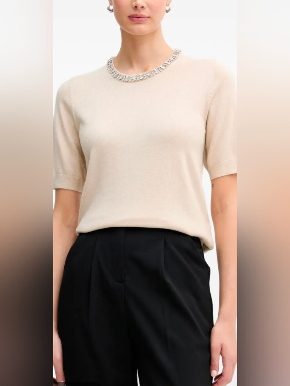 THEO the Label Nomia Embellished Knit Tee Oatmeal Beige NWOT Vegan Cashmere XS